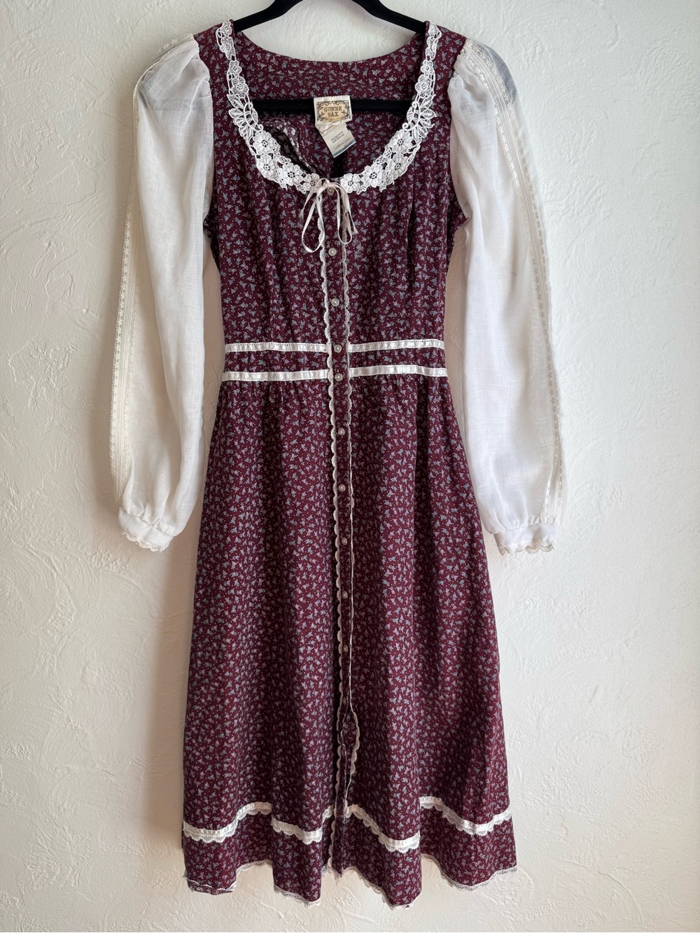 Vintage 1970s Gunne Sax Maroon Floral Calico Print Midi Dress Size 9